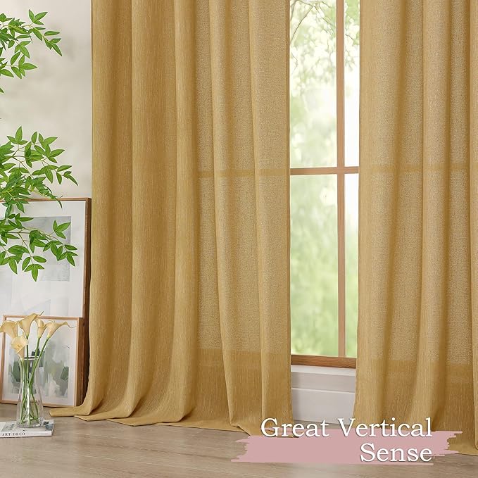 Simplebrand Gold Faux Linen Textured Semi Sheer Curtains 72 Inches Long 2 Panels Set, Light Filtering Privacy Farmhouse Curtains, Soft Window Drapes Rod Pocket Top for French Door, Bedroom, 40W x 72L