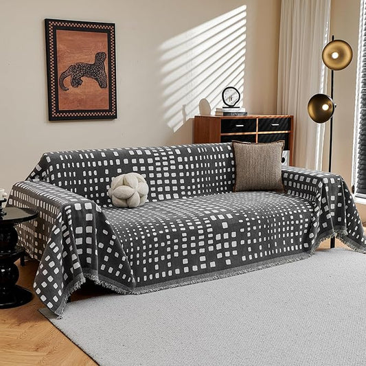 MEETSKY Boho Couch Cover Sofa Covers, Chenille Geometric Dark Grey Couch Covers for 2 Cushion Couch Sofa for Dogs, Washable Slipcover for Cat Sofa Protector with Tassels,71" x 118"