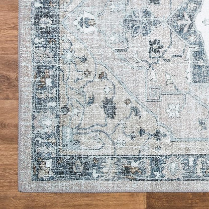 Bloom Rugs Washable Non-Slip 12 ft Runner - Pebble Gray/Blue Traditional Medallion Runner for Entryway, Hallway, Bathroom, and Kitchen - Exact Size: 2.5' x 12'