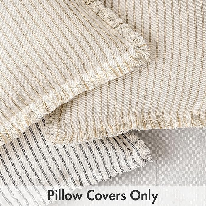 MIULEE Pack of 2 Gray Pillow Covers 22x22 Inch Striped Farmhouse Couch Throw Pillow Covers with Fringe Chic Linen Decorative Cushion Covers for Sofa Living Room Bed Outdoor Home Decor