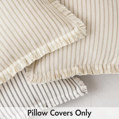 MIULEE Pack of 2 Khaki Pillow Covers 24x24 Inch Striped Farmhouse Couch Throw Pillow Covers with Fringe Chic Linen Decorative Cushion Eruo Sham for Sofa Living Room Bed Outdoor Home Decor