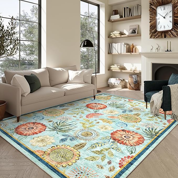 GarveeHome 9x12 Floral Washable Area Rug: Large Living Room Area Rug with Non-Slip Backing Washable Ultra Soft Bedroom Floral Carpet Indoor Stain Resistant Carpet for Dining Room 9 * 12 ft Light Blue