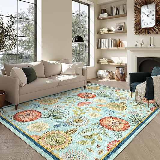 GarveeHome 9x12 Floral Washable Area Rug: Large Living Room Area Rug with Non-Slip Backing Washable Ultra Soft Bedroom Floral Carpet Indoor Stain Resistant Carpet for Dining Room 9 * 12 ft Light Blue