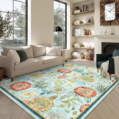 GarveeHome 10x14 Floral Washable Area Rug: Large Living Room Area Rug with Non-Slip Backing Washable Ultra Soft Bedroom Floral Carpet Indoor Stain Resistant Carpet for Dining Room 10*14 ft Light Blue