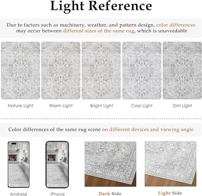 Grey 2x3 Area Rug Washable Vintage Small Carpet for Entryway Kitchen Soft Retro Floral Low Pile Thin Door Mat Non Slip Central Medallion Throw Rug for Bathroom Office Bedroom Dining Room