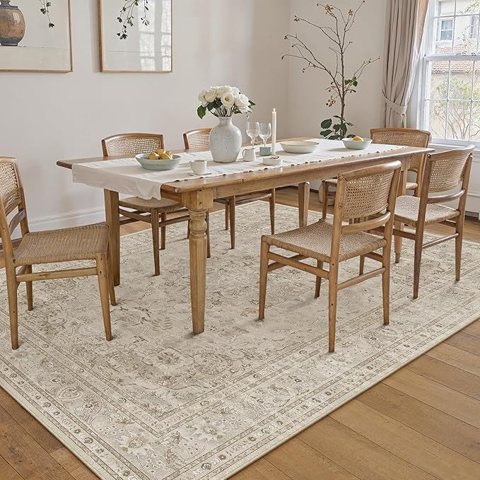 Brown 6x9 Area Rug Washable Vintage Carpet for Living Room Bedroom Large Soft Retro Floral Low Pile Thin Indoor Rug Non Slip Central Medallion Floor Cover for Dining Room Office