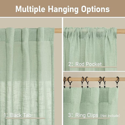 LAMIT 36 Inch Length Linen Curtains for Small Windows, Semi Sheer Light Filtering Panels Back Tab and Rod Pocket Neutral Drapes for Basement/Window/Loft Room, Fresh Green, 2 Panels, 34 x 36 Inch