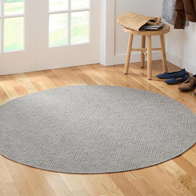 Town & Country Basics Pax Herringbone Textured Solid Everwash® Washable Area Rug, Low Pile, Non-Slip Backing, Easy Clean Pet & Family Friendly Rug, Grey, 5' Round