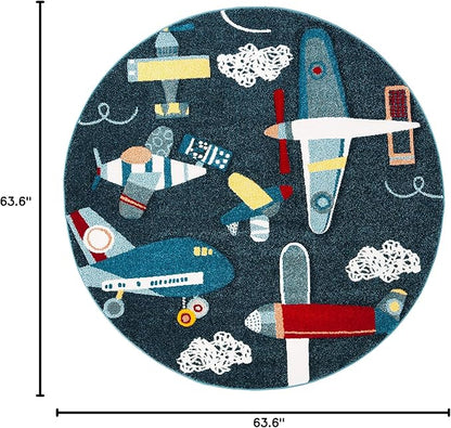 SAFAVIEH Carousel Kids Collection 5'3" Round Navy/Ivory CRK167N Airplane Nursery Playroom Area Rug