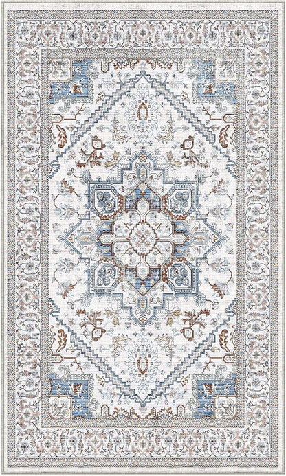 OPPODREAM Thin Neutral Area Rugs 3x5, Washable Rugs with Non Slip Backing, Low-Pile Throw 3x5 Carpet, Faux Cashmere 3 x 5 Carpet, Cream White & Blue & Light Brown