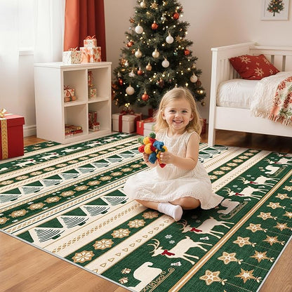 Abstract Living Room Rug 5X7 - Modern Washable Christmas Soft Thin Area Rug for Living Room Bedroom Under Dining Table - Neutral Indoor Floor Rug Carpets for Home Office Playroom Nursery - Green Gold