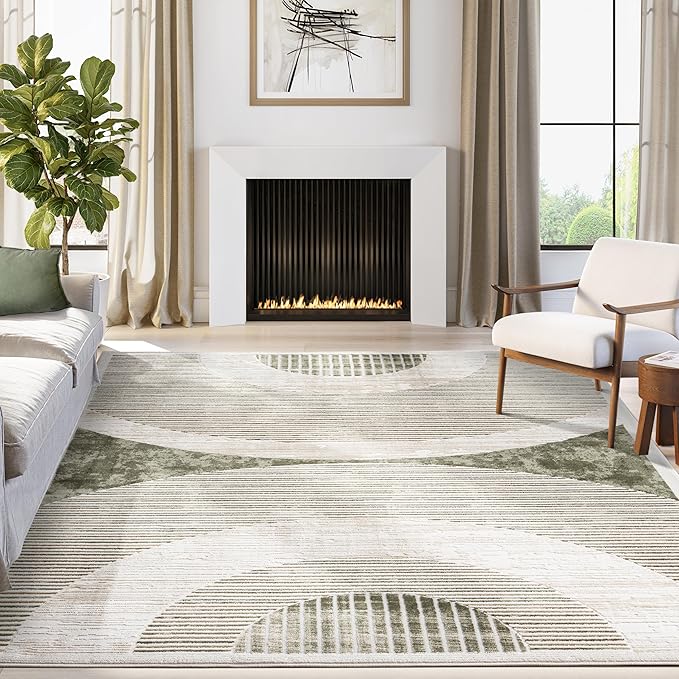 Abani Mid-Century Green Arch Washable Area Rug – 6' x 9' – Modern Geometric Design – Ivy Collection – Non-Shedding, Easy to Clean – Durable for High Traffic Areas – Living Room, Bedroom & Office