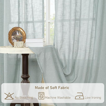 LAMIT 102 Inch Length Light Filtering Sheer Linen Curtains, Linen Textured Semi Sheer Back Tab and Rod Pocket Natural Boho Drapes for Living Room/Farmhouse, 2 Panels, Greyish Blue, 52 x 102 Inch