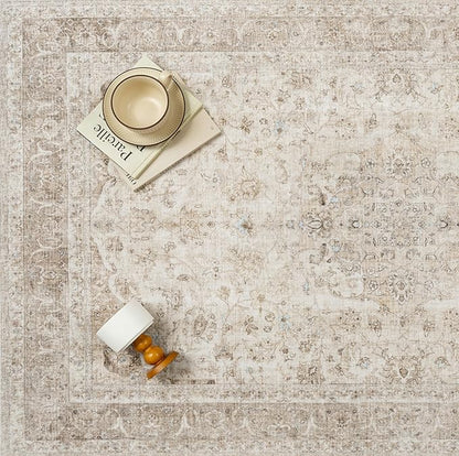 Beige Area Rug 2x3 Washable Vintage Entryway Carpet Low Pile Non Slip Distressed Door Mat Soft Traditional Retro Oriental Small Accent Throw Rug for Kitchen Bedroom Office Bathroom Laundry