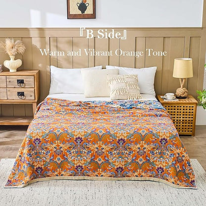 Blue Orange Fall Blanket 90"x 98" Boho Throw Blankets for Couch Bed Chair, 100% Cotton Quilts Warm Soft Blanket Muslin Bed Blankets Home Decor Farmhouse Warm Throws Gifts for Women Mom