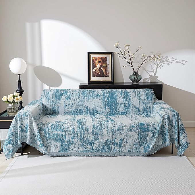 MEETSKY Couch Cover Boho Sofa Covers Couch Covers for 3 Cushion Couch Sofa Pet Friendly, Washable Abstract Geometric Sofa Slipcover for Sectional Sofa Cover with Tassel, 91" x 134", Blue