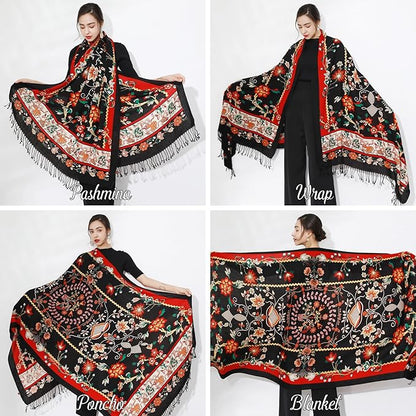 DANA XU 100% Merino Wool Pashmina Shawl for Women 96"x43", Oversized Cashmere Wrap with Tassels, Floral Travel Blanket Cape