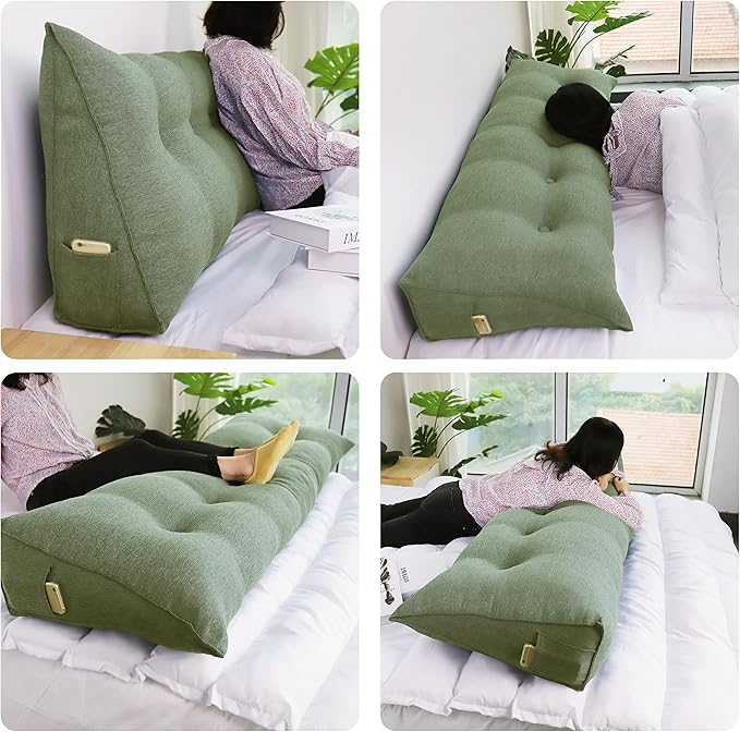 Wedge Headboard Pillow Dorm Room Reading Pillow Back Support for Sitting Up in Bed Bolster Lumbar Cushion Body Positioning Bedrest Cotton Linen 39in Grass Green Twin