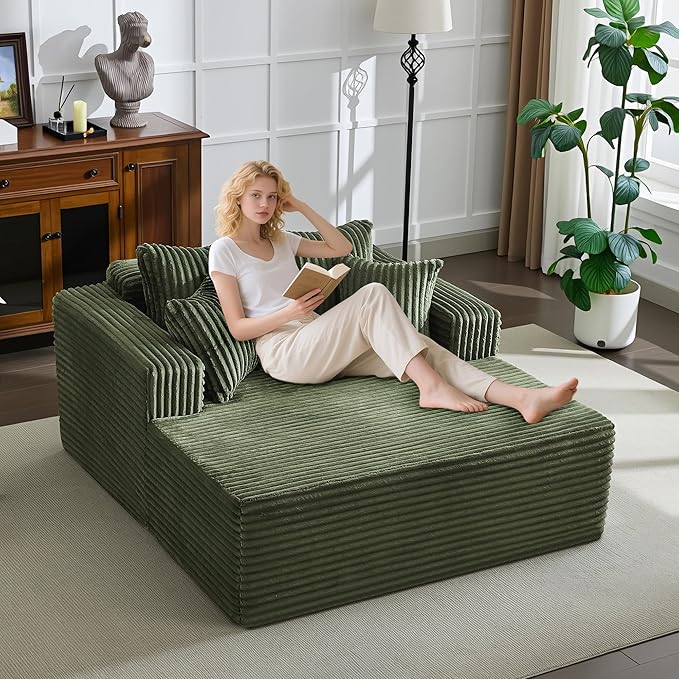 61" Oversized Chaise Lounge Chair Indoor, Boneless Couch Cloud Fluffy Chaise Lounges Corduroy Upholstered Sofa Bed w/Throw Pillows for Living Room Home Green
