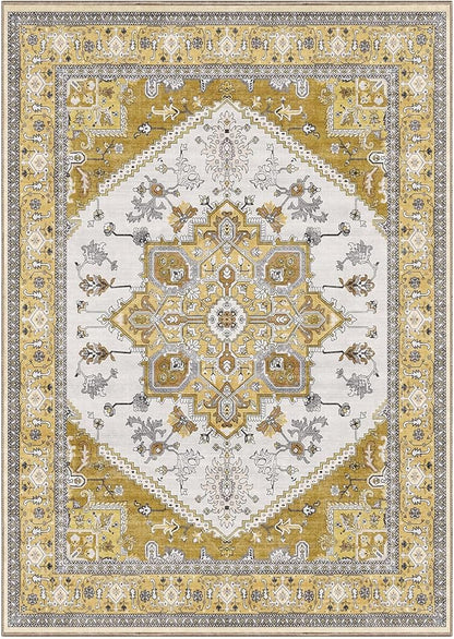 OPPODREAM Thin Area Rugs 5x7, 5x7 Washable Rug with Non Slip Backing, 5 x 7 Faux Cashmere Low-Pile Carpet, Yellow