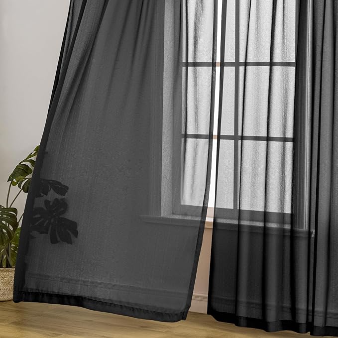 MAIHER Pinch Pleat Sheer Curtains 102 Inch Length for Dining Room Soft Touch Lightweight Light Filtering Black Pleated Drapes with Hooks for Patio Door, Black, 42" W x 102" L, 2 Panels