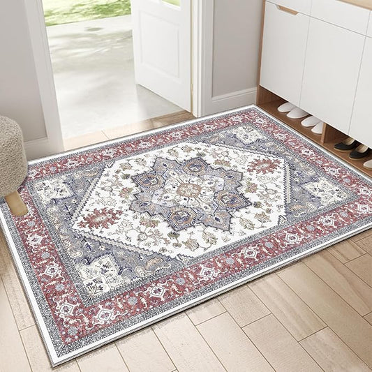 OPPODREAM Thin Throw Rugs 2x3, Small Washable Entryway Rugs 2 x 3 with Non Slip Backing, Low-Pile Faux Cashmere 2 x 3 Carpet, Red & Grey