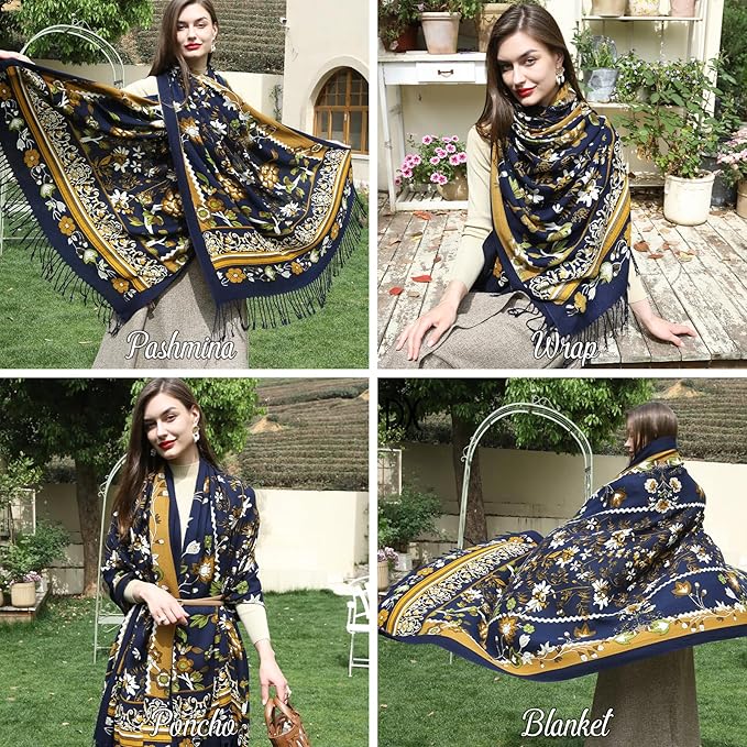 DANA XU 100% Merino Wool Extra Large Pashmina Blanket Travel Scarf Cashmere Wrap for Women Fall Winter Oversize Shawl Floral
