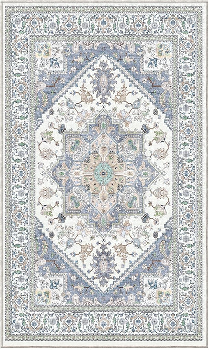 OPPODREAM Thin Area Rugs 3x5, Washable Rugs with Non Slip Backing, Low-Pile Throw 3x5 Carpet, Faux Cashmere 3 x 5 Carpet, Purple & Green & Cream