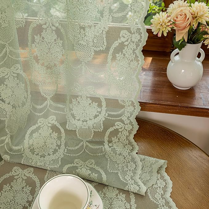 Green Lace French Delicacy Curtains 96 Inches Long -Rod Pocket Luxury Vintage Bow Butterfly Sheer Lace Flower Curtains for Living Room Bedroom，52 x 96 Inch, 2 Panels