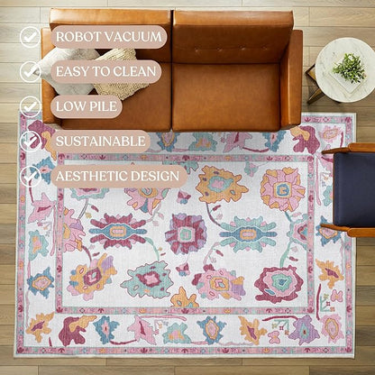 Fame Living Pink Oushak Runner Rug, Modern Runners, Vintage, Turkish, Eclectic, Floral, Pastel, Washable, Runner for Hallway, Kitchen, Bedroom, Bathroom, 2'5"x9'8"