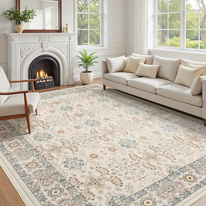 Vintage Living Room Area Rug 10x14 - Large Soft Washable Oriental Traditional Distressed Farmhouse Rugs for Bedroom - Indoor Floor Accent Carpet for Home Office House Decor - Multi