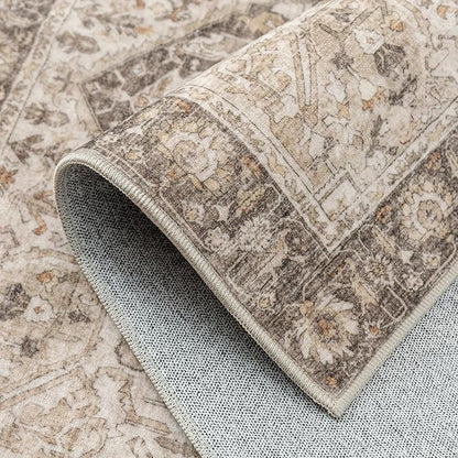 Taupe Brown Hallway Runner Rug 3x8 Vintage Washable Distressed Area Carpet Kitchen Indoor Non Slip Long Traditional Medallion Retro Accent Throw Rug for Bedroom Laundry Dining Living Room
