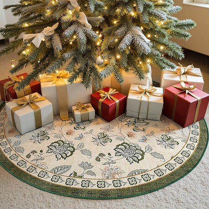 jinchan Elora 4ft Floral Round Rug for Entryway Washable Rug Vintage Romance Christmas Design Non Slip Indoor Doormat Lightweight Low-Profile Throw Carpet for Living Room Dining Room, Green/Beige