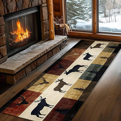 Colorful Elk Pine Tree Bohemian Hallway Rug 2x4ft with Checkered Texture - Retro Washable Kitchen Mat, Non-Slip Floor Decor for Dining Room Balcony, Canvas Art Style
