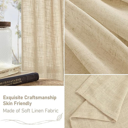 LAMIT Natural Linen Blended Curtains for Living Room, Back Tab and Rod Pocket Semi Sheer Curtains Light Filtering Country Rustic Drapes for Bedroom/Farmhouse, 2 Panels, 52 x 108 Inch, Linen