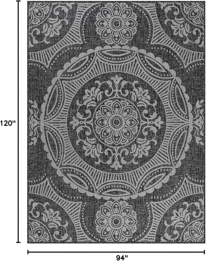 Medallion Outdoor Rug 8x10 Washable Outside Carpet for Indoor Patio Porch Waterproof Easy Cleaning Non Shedding Area Rugs Dark Gray 8 x 10