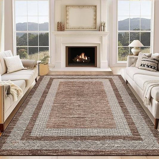 GarveeHome Large Washable Rug 9x12 Modern Geometric Non Slip Distressed Bordered Printed Rug, Soft Non Shedding Indoor Carpet, Low Pile Thin Foldable Mats for Open Spaces Offices, Brown