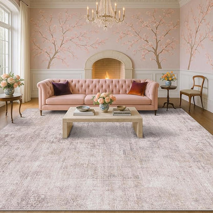 Modern 10x12 Area Rug for Living Room - Large Bedroom Rug Under Bed, Pink and White Distressed Medallion Pattern, Ultra Soft Washable Non Slip Lightweight Thin Foldable