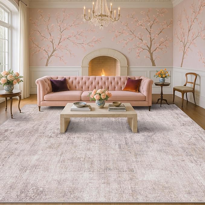 Pink and Grey Living Room Rug 8x10 - Modern Distressed Medallion Area Rug for Dining Room Under Table, Bedroom, Washable Non Slip High Traffic Low Pile Thin Floor Carpet