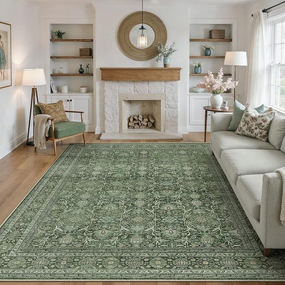 Area Rug 6x9 Green Washable Living Room Carpet Soft Non Slip Vintage Bedroom Indoor Office Traditional Retro Distressed Large Thicker Throw Rug for Dining Room Kitchen Playroom