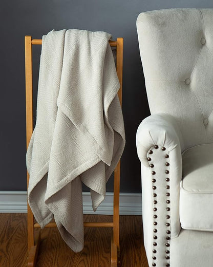 Sticky Toffee Cotton Throw Blanket, 60 x 50 Inch, Tan Beige Herringbone Weave, Soft Lightweight Woven Blanket for Couch, Boho Farmhouse Style