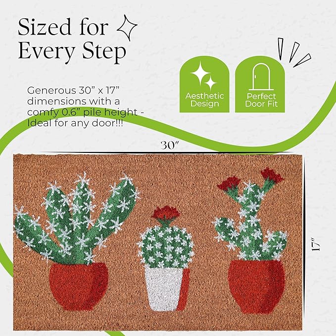 Coir Door Mats 17" X 30", Non-Slip Sturdy, PVC Backed Heavy Duty, Easy to Clean, Ideal for Door Entrance, Patio, Porch, Backyard, Garages, Sparkling Cactus