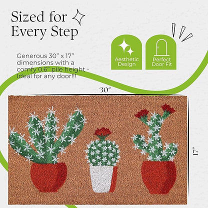Coir Door Mats 17" X 30", Non-Slip Sturdy, PVC Backed Heavy Duty, Easy to Clean, Ideal for Door Entrance, Patio, Porch, Backyard, Garages, Sparkling Cactus