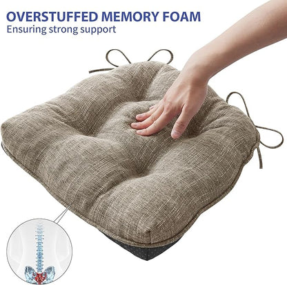 Chair Cushions for Dining Chairs Set of 6, Kitchen Chair Cushions, Chair Pads with Ties and Non Slip Backing, Tufted Memory Foam Seat Cushion 6 Pack, 15.5" x 15.5" x 4", Khaki