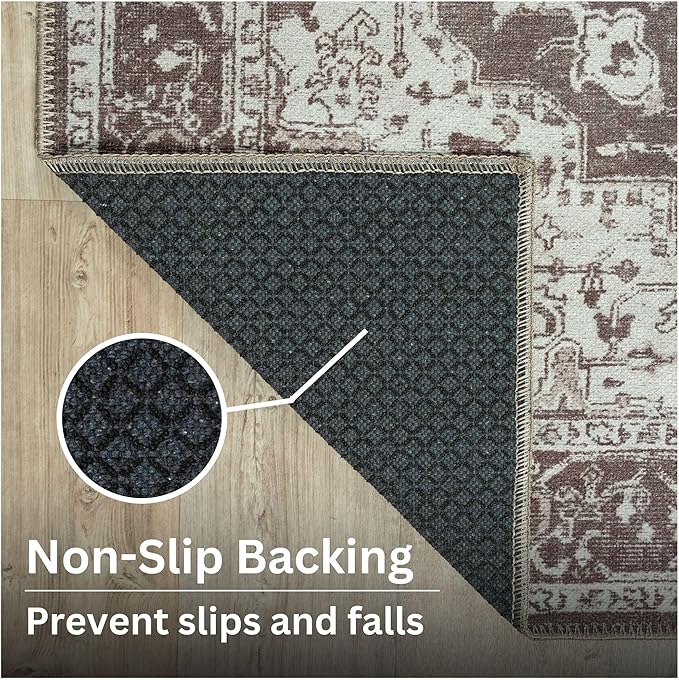 Bloom Rugs Washable Non-Slip 7 ft Runner - Dark Brown Traditional Medallion Runner for Entryway, Hallway, Bathroom, and Kitchen - Exact Size: 2.5' x 7'