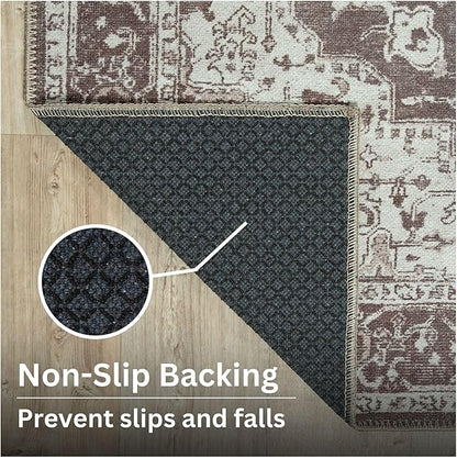Bloom Rugs Washable Non-Slip 4' x 6' Rug - Dark Brown Traditional Medallion Area Rug for Living Room, Bedroom, Dining Room, and Kitchen - Exact Size: 4' x 6'