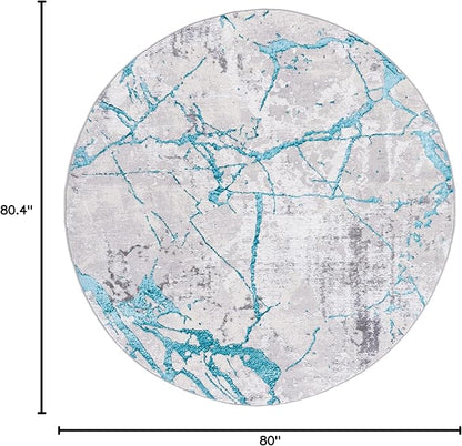 SAFAVIEH Amelia Collection 6'7" Round Grey/Aqua ALA293H Modern Abstract Non-Shedding Entryway Foyer Living Room Bedroom Kitchen Area Rug
