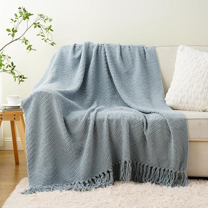 BATTILO HOME Bluish Grey Chenille Throw Blanket for Couch, Knit Throw Blanket,Super Soft Warm Home Decor Throw Blanket with Tassels for Bed,Sofa and Living Room,50" x 60"