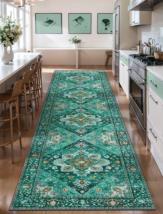 Tangsoo 2x10 Washable Runner Rug for Hallways, Non Slip Vintage, Soft Low Pile Long Rugs Runner, Print Distressed Emerald Carpet Runners for Kitchen Bedroom Entryway Bathroom Living Room