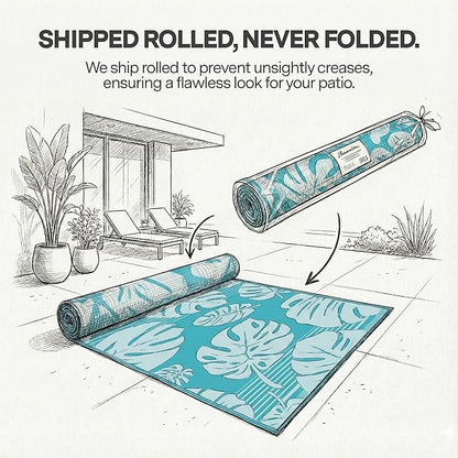 FH Home Outdoor Rug - Waterproof, Fade Resistant, Reversible - Premium Recycled Plastic - Tropical, Botanical - Patio, Deck, Porch, Balcony - Hana Leaves - Blue Crease Free - 5 x 8 ft